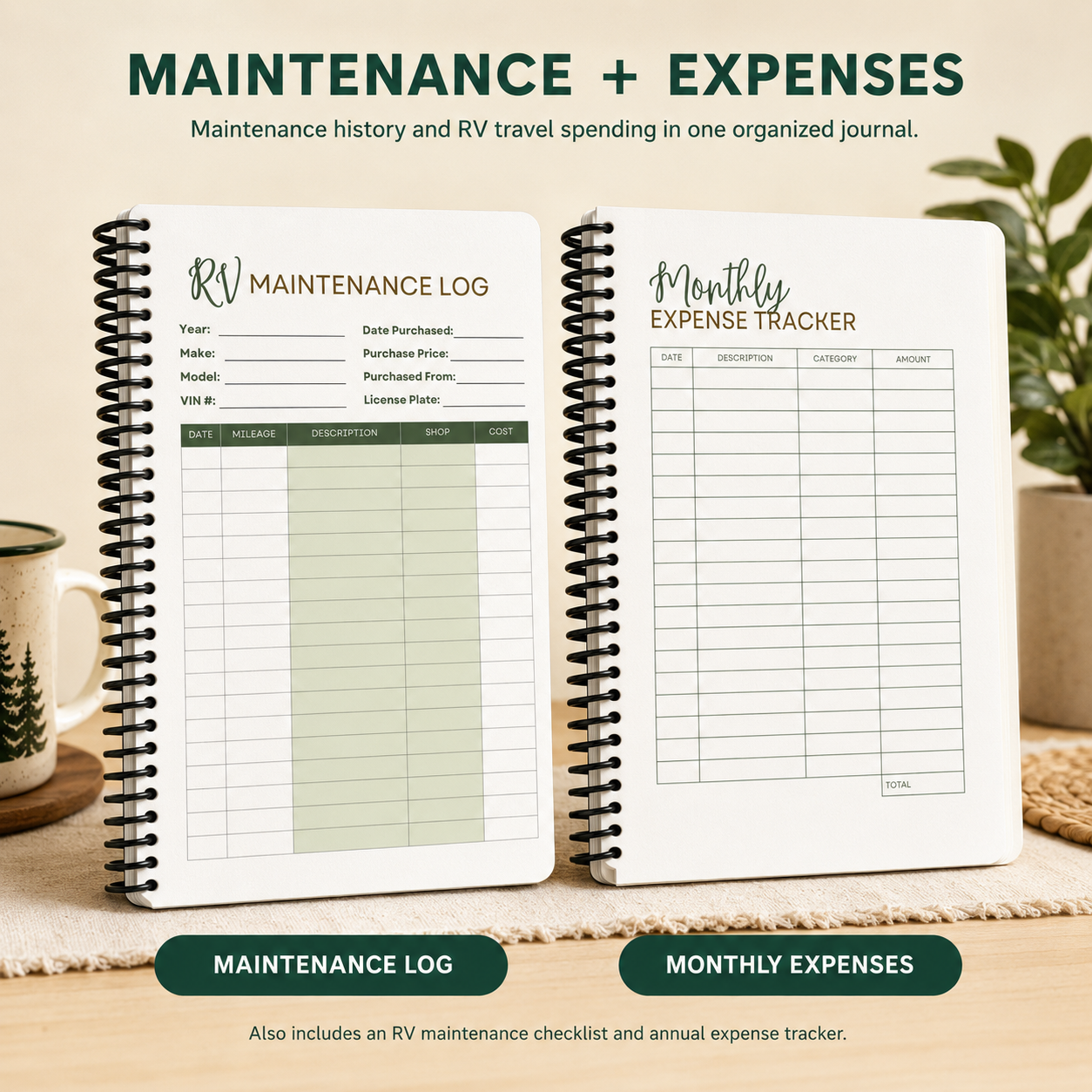 Two views of a 6×9-inch RV travel journal with thick black plastic spiral coils, showing RV maintenance checklist and log pages plus monthly and annual expense records.