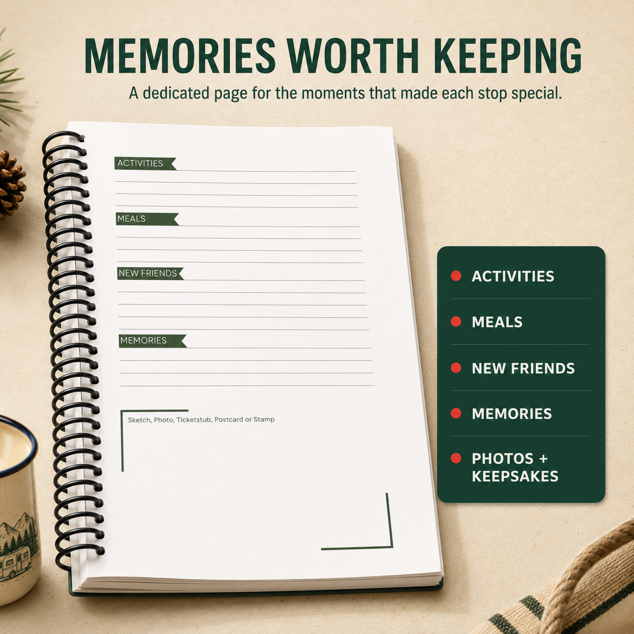 Open 6×9-inch RV travel journal with a thick black plastic spiral coil, showing a memory and keepsake page for recording favorite meals, memorable moments, new friends, photos and special notes.