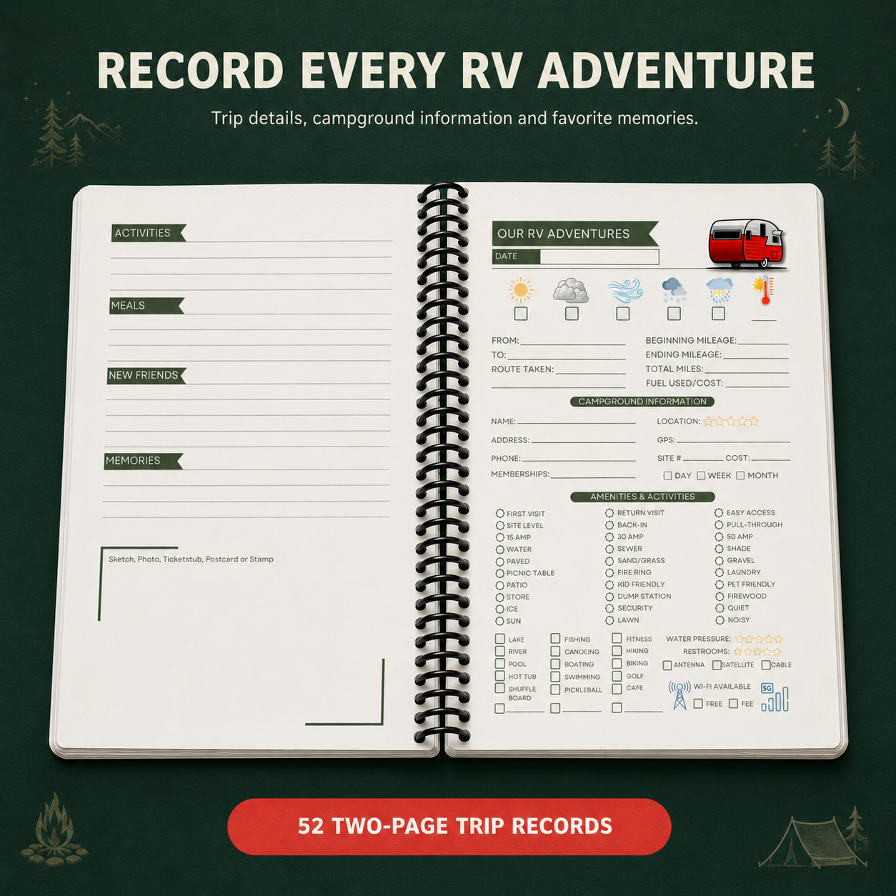 Open 6×9-inch RV travel journal with a thick black plastic spiral coil, showing a lay-flat two-page campground trip record for route, mileage, campsite details, amenities, ratings and travel memories.