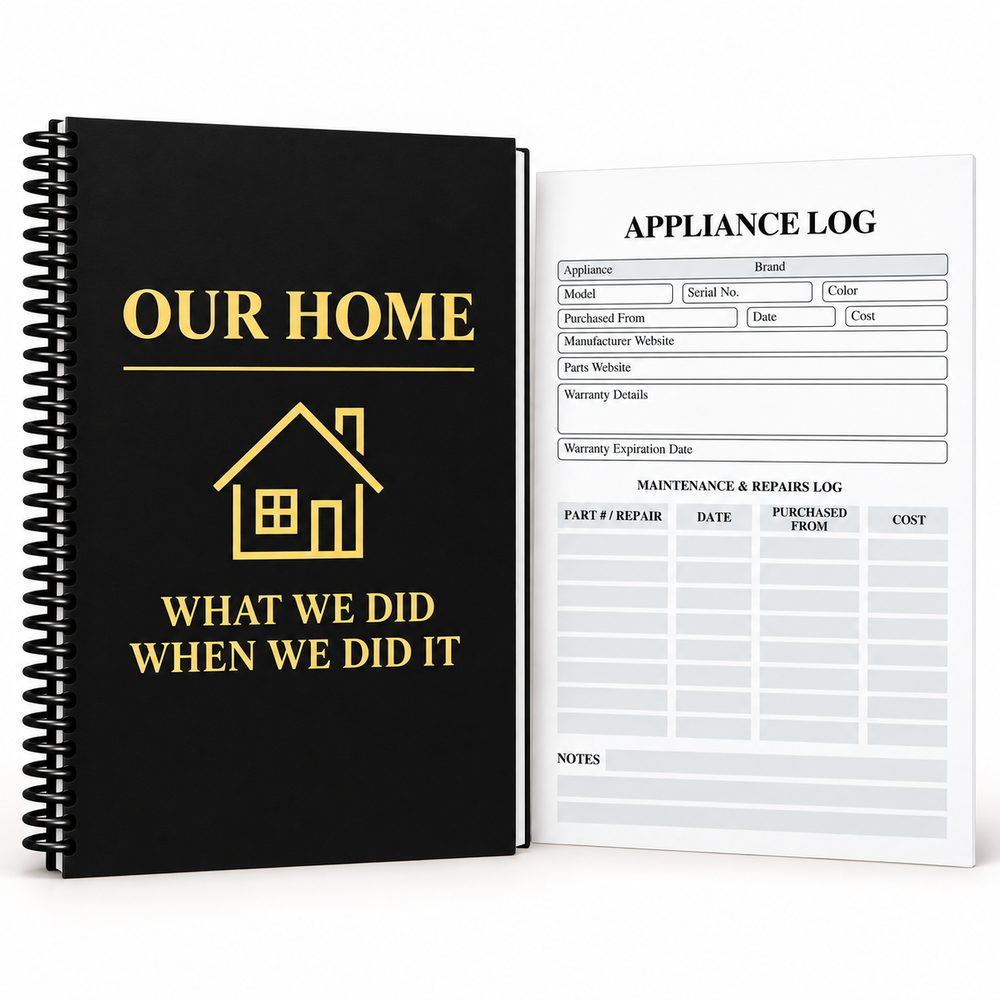 Black and gold Our Home maintenance logbook with spiral binding, shown beside an appliance tracker page for warranty details, maintenance, and repairs.