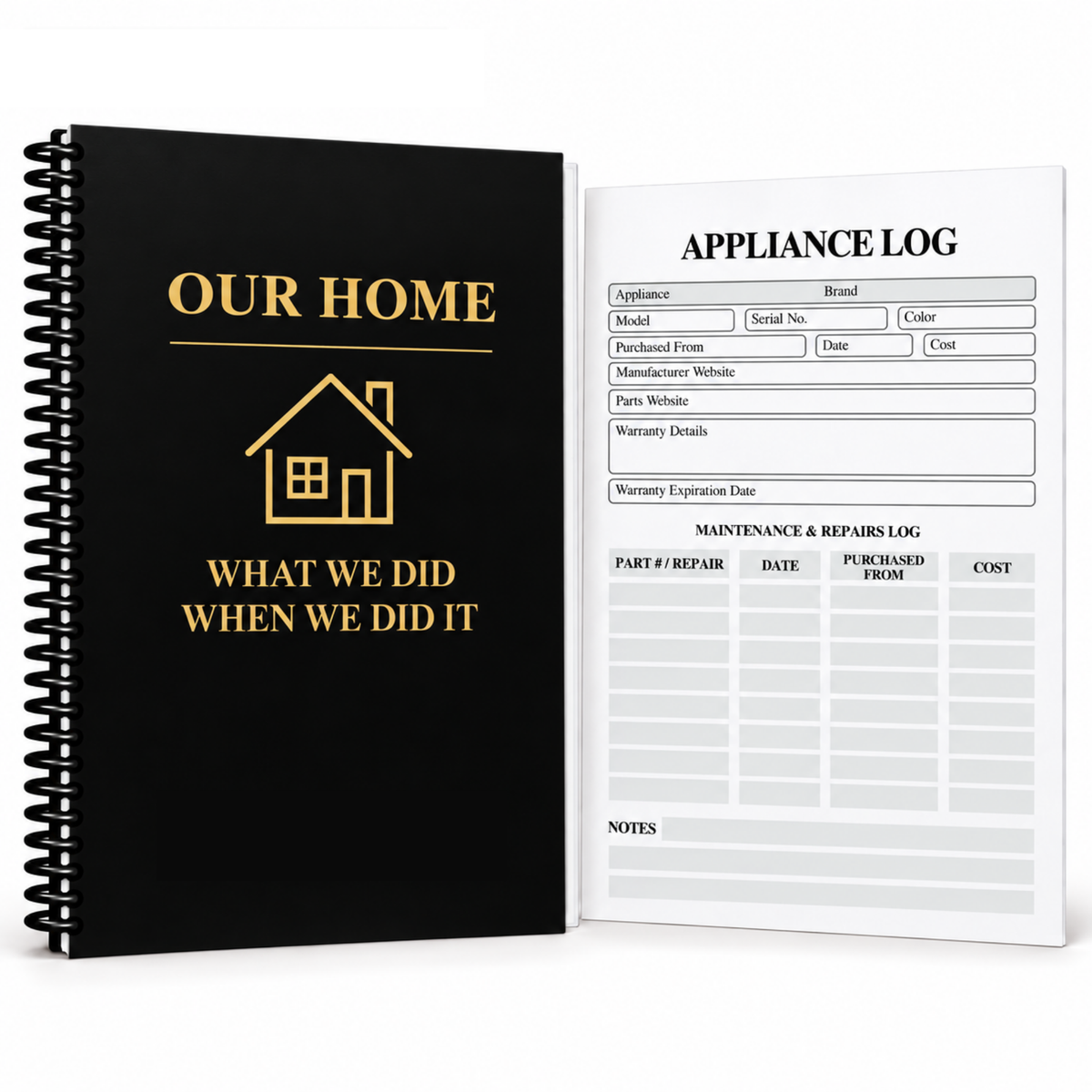 Black and gold Our Home maintenance logbook with spiral binding, shown beside an appliance tracker page for warranty details, maintenance, and repairs.