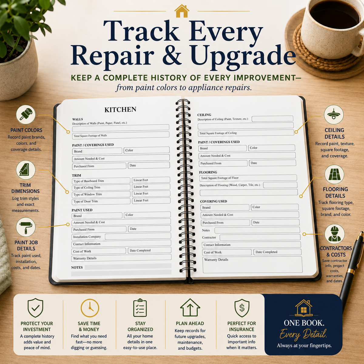 Feature image of the spiral-bound Home Maintenance Logbook open to its Kitchen, ceiling and flooring pages, with sections for paint colors, trim dimensions, contractors, costs, warranties and project records.
