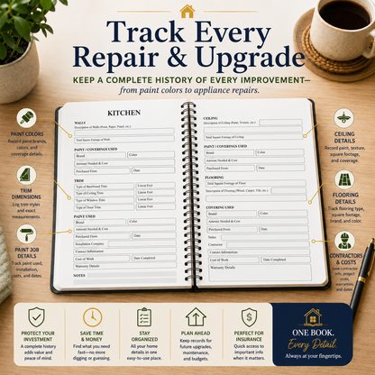 Feature image of the spiral-bound Home Maintenance Logbook open to its Kitchen, ceiling and flooring pages, with sections for paint colors, trim dimensions, contractors, costs, warranties and project records.