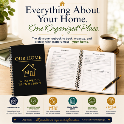 Home Maintenance Logbook for homeowners to organize home repairs, maintenance records, appliance information, paint colors, contractor contacts, utility information, insurance details, inspection notes, remodeling projects, and home improvement history. This spiral-bound 6x9 home organizer helps keep important home records in one place and makes a thoughtful gift for new homeowners, first-time home buyers, housewarming celebrations, and Realtor closing gifts.