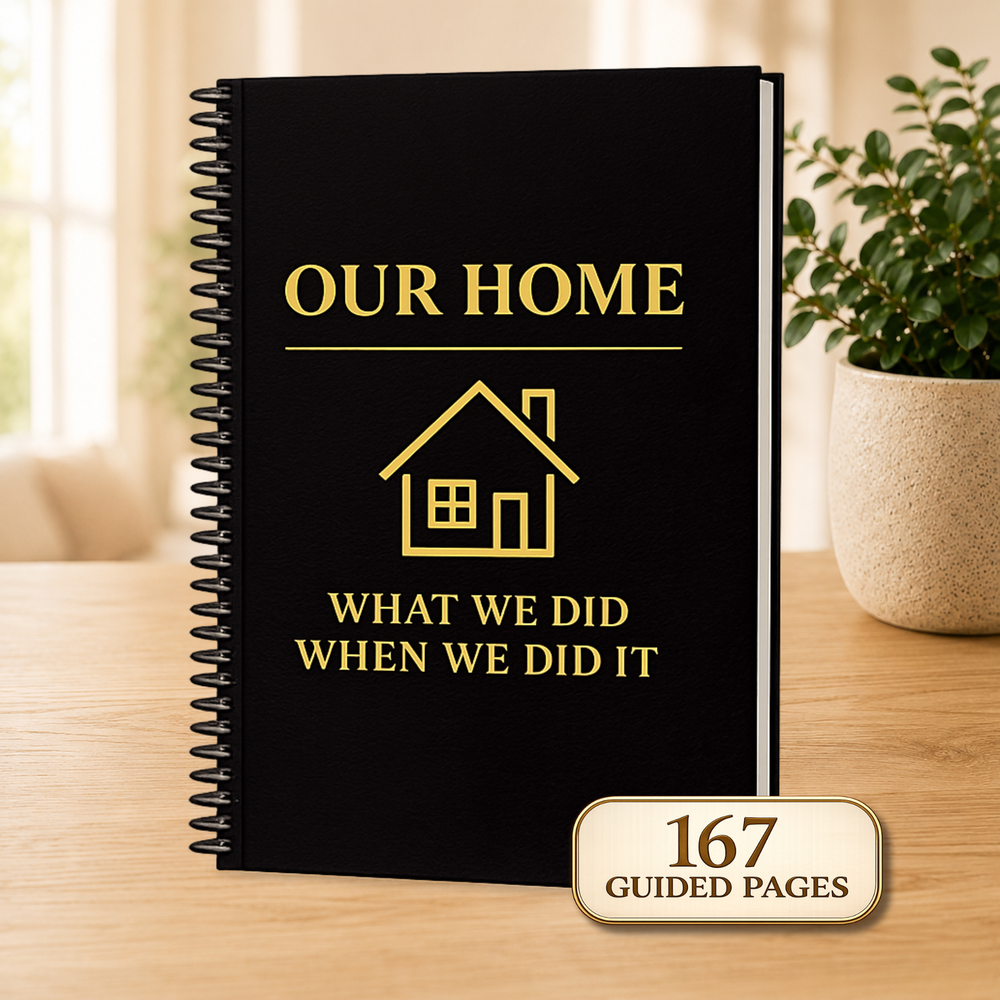 Spiral home maintenance logbook with black and gold cover, featuring guided pages to record paint colors, home repairs, maintenance history, appliance information, contractor contacts, insurance details, and home improvement records for homeowners and housewarming gifts.