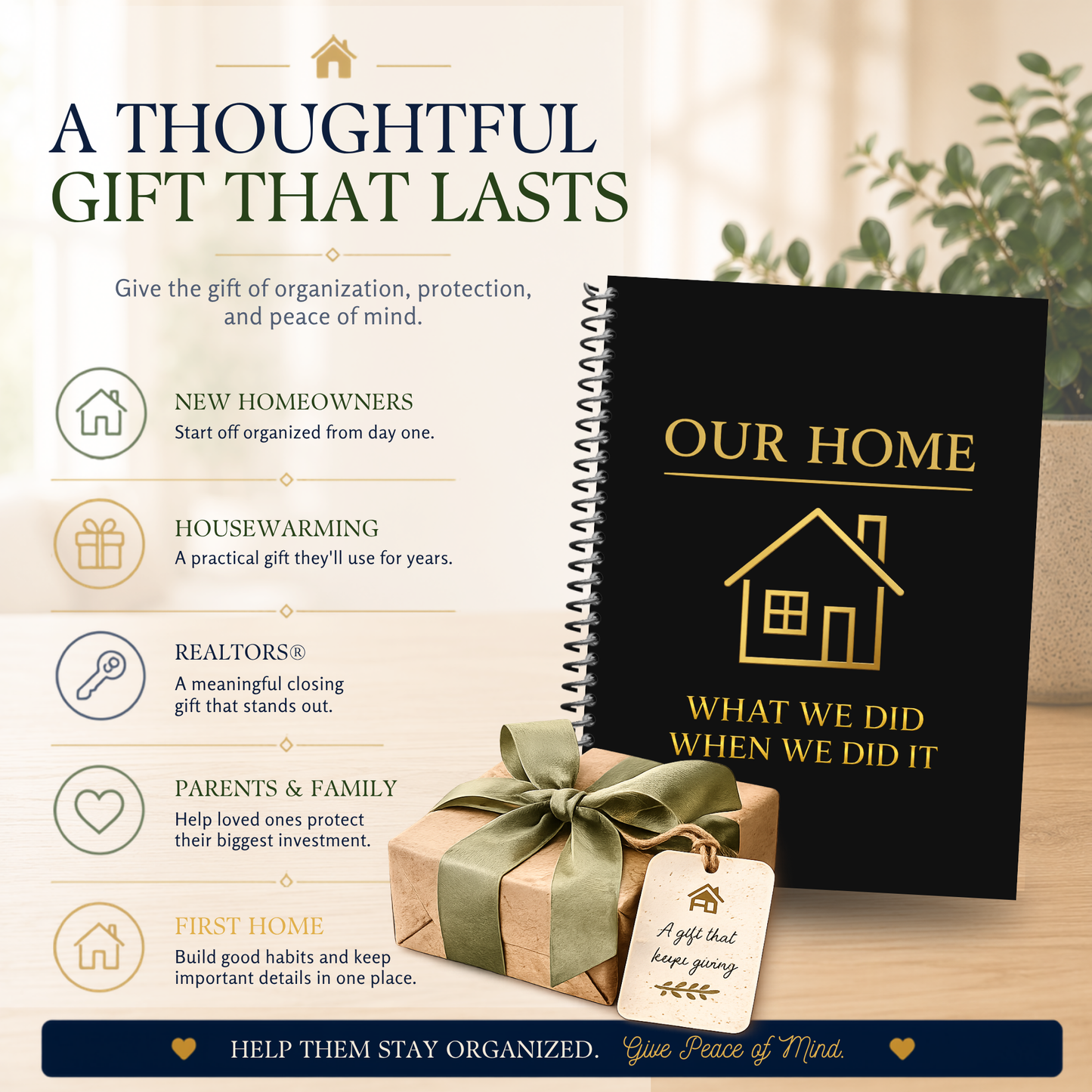 Home Maintenance Logbook for homeowners to organize home repairs, maintenance records, appliance information, paint colors, contractor contacts, utility information, insurance details, inspection notes, remodeling projects, and home improvement history. This spiral-bound 6x9 home organizer helps keep important home records in one place and makes a thoughtful gift for new homeowners, first-time home buyers, housewarming celebrations, and Realtor closing gifts.