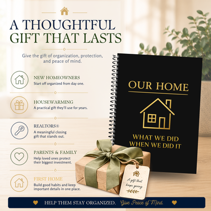 Home Maintenance Logbook for homeowners to organize home repairs, maintenance records, appliance information, paint colors, contractor contacts, utility information, insurance details, inspection notes, remodeling projects, and home improvement history. This spiral-bound 6x9 home organizer helps keep important home records in one place and makes a thoughtful gift for new homeowners, first-time home buyers, housewarming celebrations, and Realtor closing gifts.