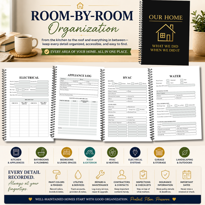 Home Maintenance Logbook for homeowners to organize home repairs, maintenance records, appliance information, paint colors, contractor contacts, utility information, insurance details, inspection notes, remodeling projects, and home improvement history. This spiral-bound 6x9 home organizer helps keep important home records in one place and makes a thoughtful gift for new homeowners, first-time home buyers, housewarming celebrations, and Realtor closing gifts.