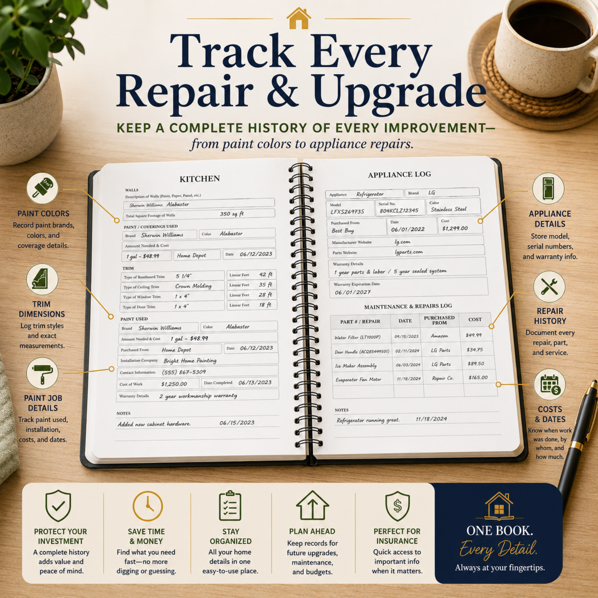 Home Maintenance Logbook for homeowners to organize home repairs, maintenance records, appliance information, paint colors, contractor contacts, utility information, insurance details, inspection notes, remodeling projects, and home improvement history. This spiral-bound 6x9 home organizer helps keep important home records in one place and makes a thoughtful gift for new homeowners, first-time home buyers, housewarming celebrations, and Realtor closing gifts.