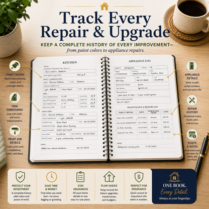 Personalized Home Maintenance Logbook for homeowners to organize home repairs, maintenance records, appliance information, paint colors, contractor contacts, utility information, insurance details, inspection notes, remodeling projects, and home improvement history. 