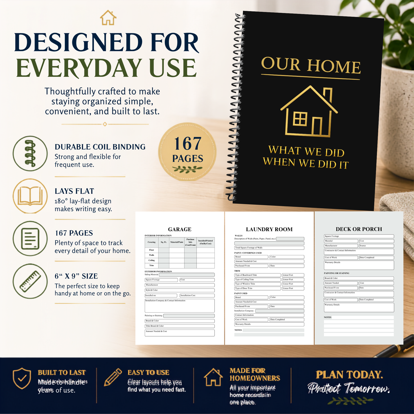 Home Maintenance Logbook for homeowners to organize home repairs, maintenance records, appliance information, paint colors, contractor contacts, utility information, insurance details, inspection notes, remodeling projects, and home improvement history. This spiral-bound 6x9 home organizer helps keep important home records in one place and makes a thoughtful gift for new homeowners, first-time home buyers, housewarming celebrations, and Realtor closing gifts.