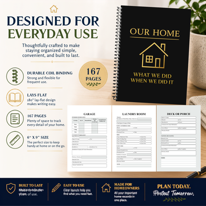 Home Maintenance Logbook for homeowners to organize home repairs, maintenance records, appliance information, paint colors, contractor contacts, utility information, insurance details, inspection notes, remodeling projects, and home improvement history. This spiral-bound 6x9 home organizer helps keep important home records in one place and makes a thoughtful gift for new homeowners, first-time home buyers, housewarming celebrations, and Realtor closing gifts.