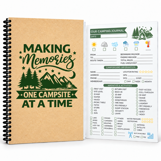 Spiral-bound camping journal with “Making Memories One Campsite at a Time” forest and mountain cover, plus a guided interior tracker page for recording routes, mileage, campground details, amenities, weather, and camping memories.