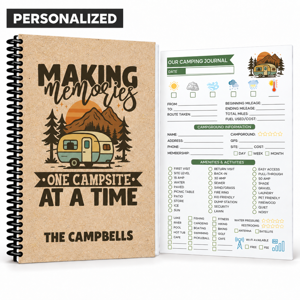 Personalized RV travel journal with custom family name, retro camper cover, spiral binding, and guided interior tracker page for recording routes, mileage, campground details, amenities, weather, and trip memories.