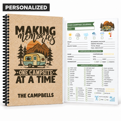 Personalized RV travel journal with custom family name, retro camper cover, spiral binding, and guided interior tracker page for recording routes, mileage, campground details, amenities, weather, and trip memories.