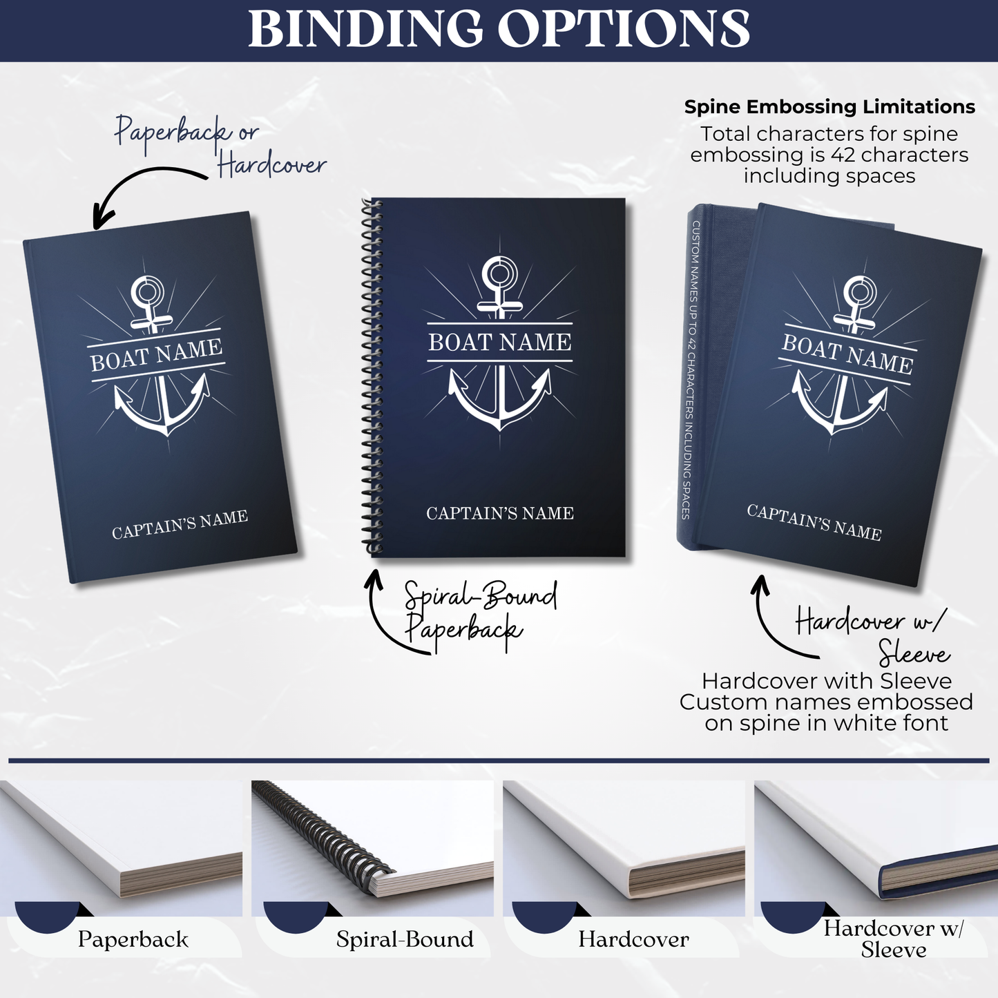 "Custom Captain's Log with personalized cover showing boat name and captain's name, displayed with binding options including paperback, spiral-bound paperback, and hardcover with sleeve. Text overlay reads 'Binding Options' and explains the spine embossing limitations and total character count for custom names. Binding options are shown in detail at the bottom of the image."