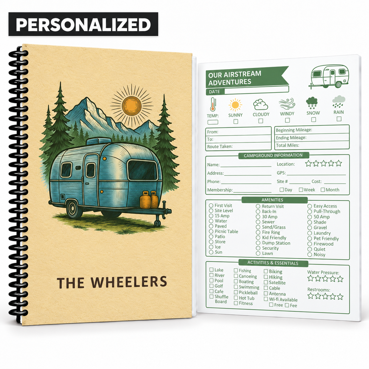 Personalized Airstream RV travel journal with custom family name, vintage camper cover, spiral binding, and guided interior tracker page for recording mileage, routes, campground details, amenities, weather, and RV adventures.