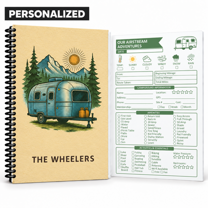 Personalized Airstream RV travel journal with custom family name, vintage camper cover, spiral binding, and guided interior tracker page for recording mileage, routes, campground details, amenities, weather, and RV adventures.