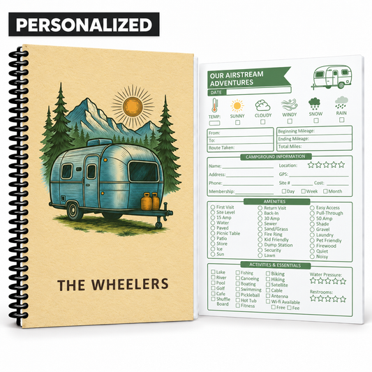 Personalized Airstream RV travel journal with custom family name, vintage camper cover, spiral binding, and guided interior tracker page for recording mileage, routes, campground details, amenities, weather, and RV adventures.