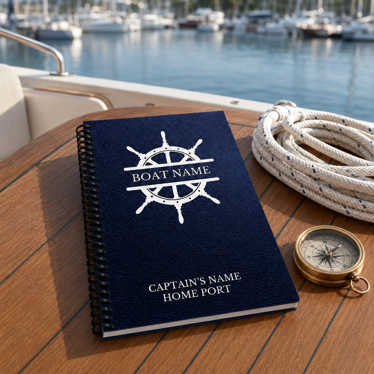 A navy blue spiral notebook with a white ship's wheel graphic and customizable text ('BOAT NAME', 'CAPTAIN'S NAME', 'HOME PORT') resting on a wooden table at a marina, next to a coiled rope and a brass compass.