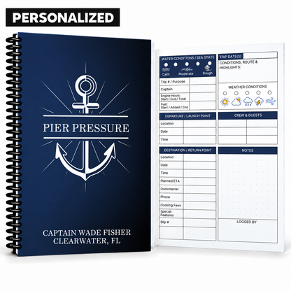 Personalized navy Captain’s Logbook with white anchor, custom boat and captain names, black spiral binding, and guided boating log page.