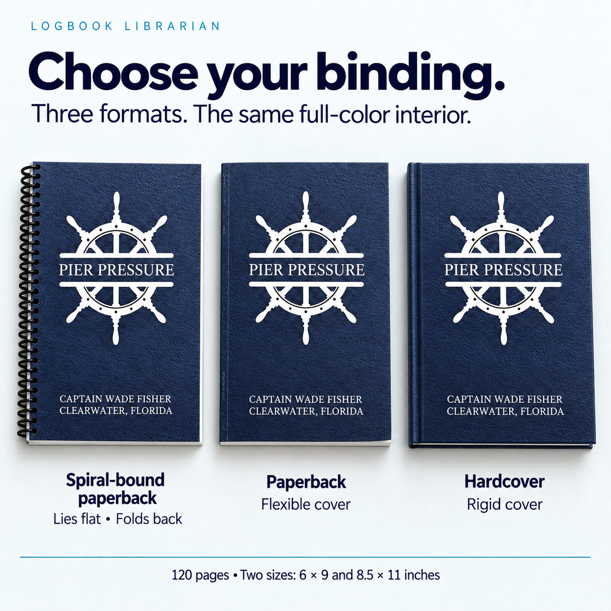 Personalized White Wheel Captain’s Logbook in spiral-bound, paperback, and hardcover, showing matching navy Pier Pressure covers.