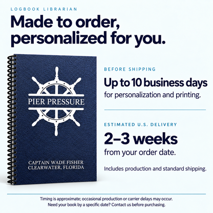 Personalized White Wheel Captain’s Logbook: up to 10 business days for personalization and printing before shipping. Estimated U.S. delivery is 2–3 weeks from ordering, including production and standard shipping. Delays may occur.