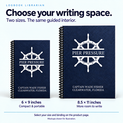 Personalized White Wheel Captain’s Logbook in 6 × 9 and 8.5 × 11 inch sizes, showing navy Pier Pressure covers with black spiral coil binding.