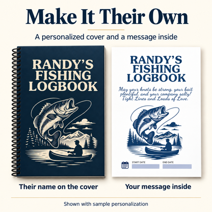 Fishing logbook showing Randy’s name on the navy cover and an interior page with a printed personal message, blue fishing artwork, and start and end date fields.
