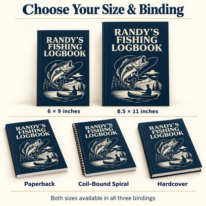 Personalized fishing logbook in 6 x 9 and 8.5 x 11-inch sizes, with labeled paperback, black coil-bound spiral, and hardcover options. Both sizes are available in all three bindings.