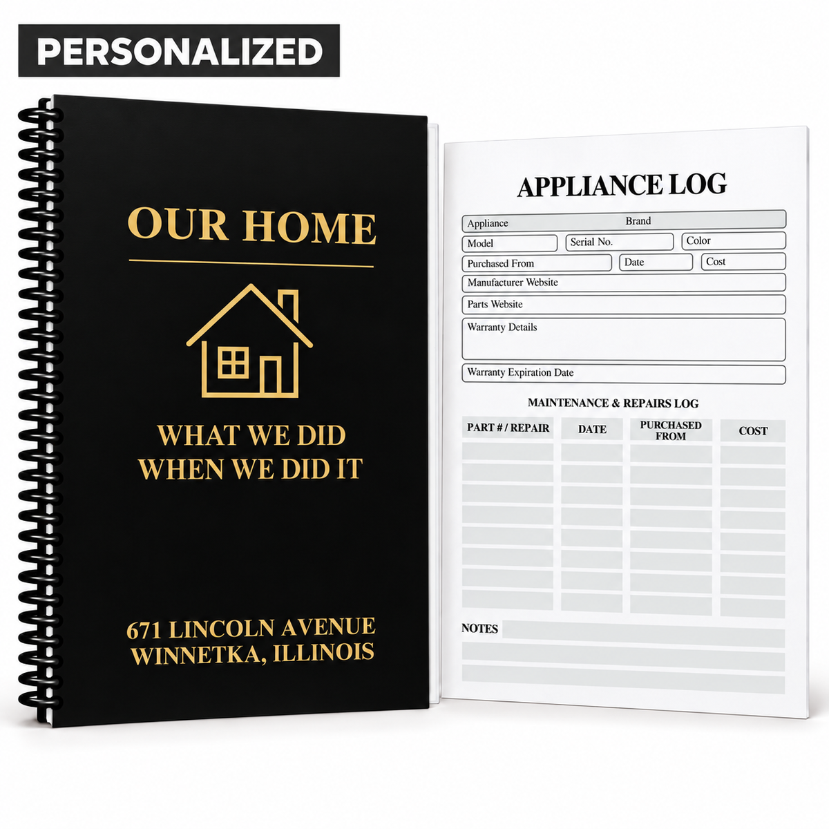 Personalized black-and-gold home maintenance logbook with a custom address and black spiral binding, shown beside an appliance and repair tracker page.