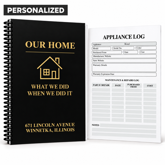 Personalized black-and-gold home maintenance logbook with a custom address and black spiral binding, shown beside an appliance and repair tracker page.