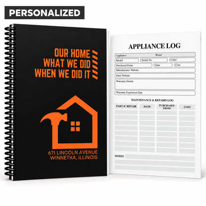 Personalized black-and-orange home maintenance logbook with a house-and-hammer design, custom address, and black spiral binding beside an appliance tracker page.