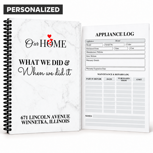 Personalized marble-cover home maintenance logbook with a custom address and black spiral binding, shown beside an appliance and repair tracker page.
