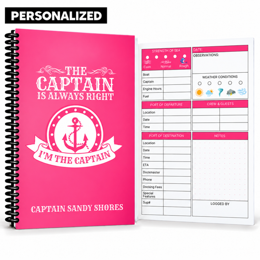 Personalized pink Captain’s Logbook with “Captain Sandy Shores” cover, white anchor artwork, black spiral binding, and guided boating log page.