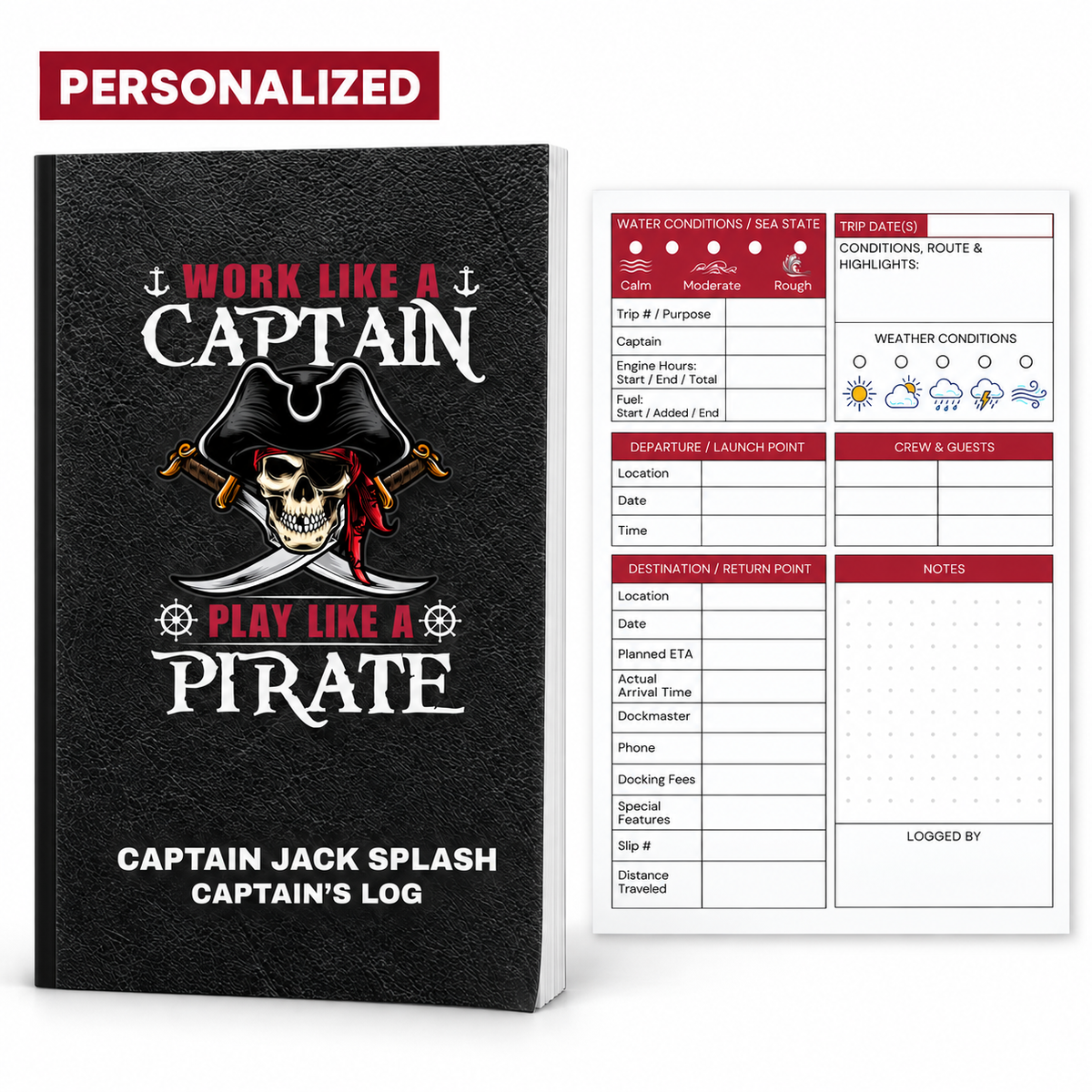 Personalized paperback pirate captain’s logbook with Captain Jack Splash cover and a guided voyage tracker page.