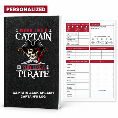 Personalized paperback pirate captain’s logbook with Captain Jack Splash cover and a guided voyage tracker page.