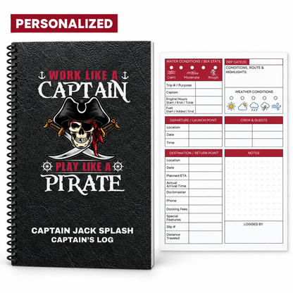 Personalized spiral pirate captain’s logbook with Captain Jack Splash cover and a guided voyage tracker page.