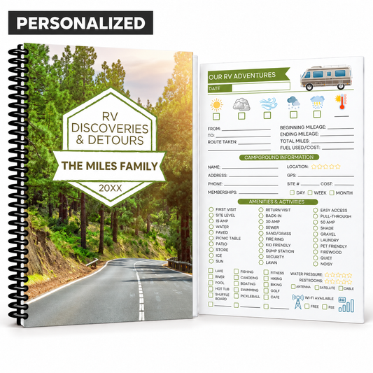 Personalized RV travel journal with family name and optional year, scenic road-trip cover, spiral binding, and guided interior tracker page for recording routes, mileage, campground details, amenities, weather, and RV adventures.