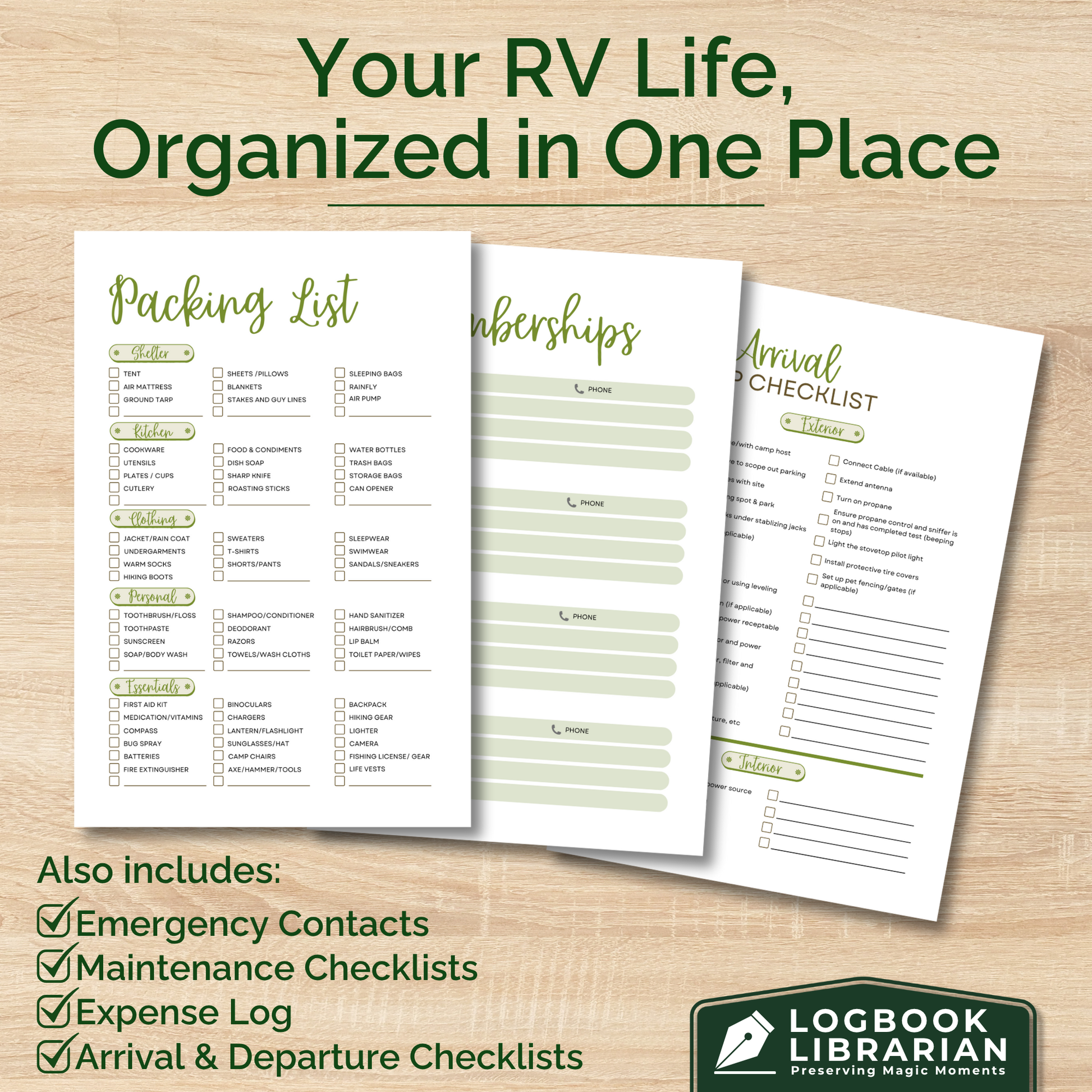 RV travel journal pages showing packing list, membership contacts, and arrival checklist, designed to organize RV trips with emergency contacts, maintenance logs, and expense tracking for campers and RV owners.