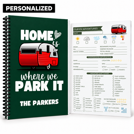 Personalized RV travel journal with family name on the cover, spiral binding, retro camper design, and guided interior tracker page for recording routes, mileage, campground details, weather, amenities, and trip memories.