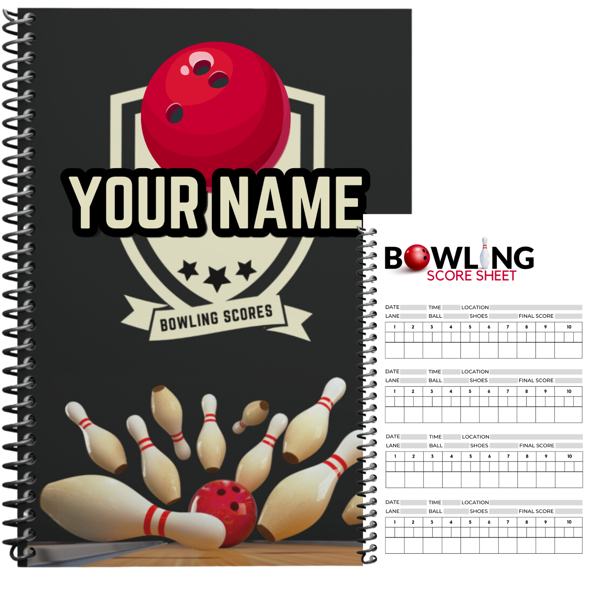 A spiral-bound bowling-themed notebook or planner cover shown alongside a separate printable bowling score sheet. The cover features a large red bowling ball, scattered bowling pins, and the text 'YOUR NAME' and 'BOWLING SCORES' on a dark background.
