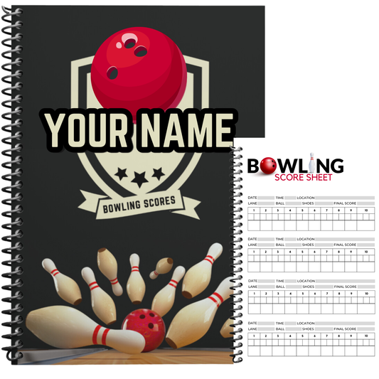 A spiral-bound bowling-themed notebook or planner cover shown alongside a separate printable bowling score sheet. The cover features a large red bowling ball, scattered bowling pins, and the text 'YOUR NAME' and 'BOWLING SCORES' on a dark background.