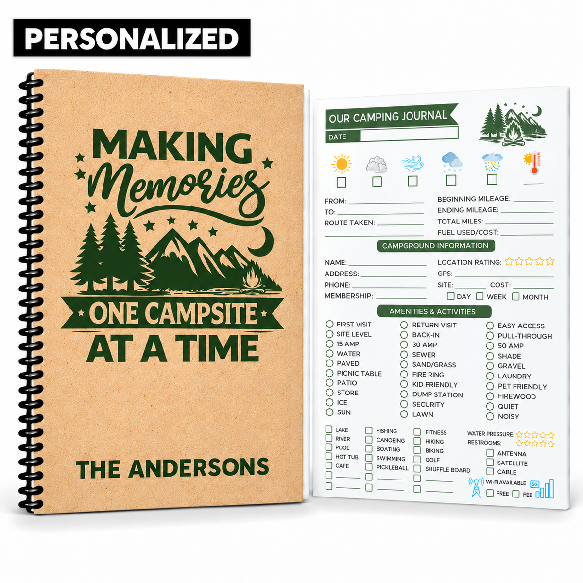 Personalized camping journal with black coil binding, a tan personalized cover and green woodland design reading “Making Memories One Campsite at a Time” and “The Andersons.” A campground log page appears beside the book.