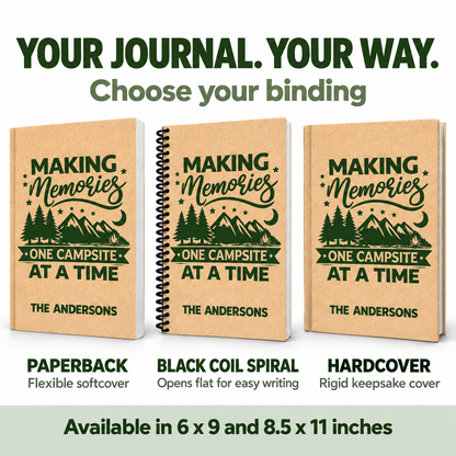Personalized camping journal shown in three bindings: flexible paperback, continuous black coil spiral that opens flat, and rigid hardcover. Each features the same tan and green cover and comes in 6 x 9 or 8.5 x 11 inches.