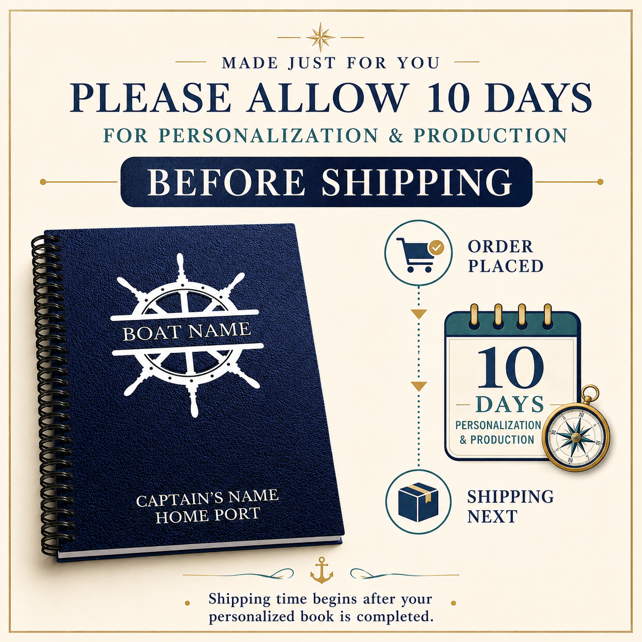 A promotional graphic for a personalized spiral-bound book. The book cover is dark navy blue with a white ship's wheel graphic and white text reading 'BOAT NAME' and 'CAPTAIN'S NAME HOME PORT.