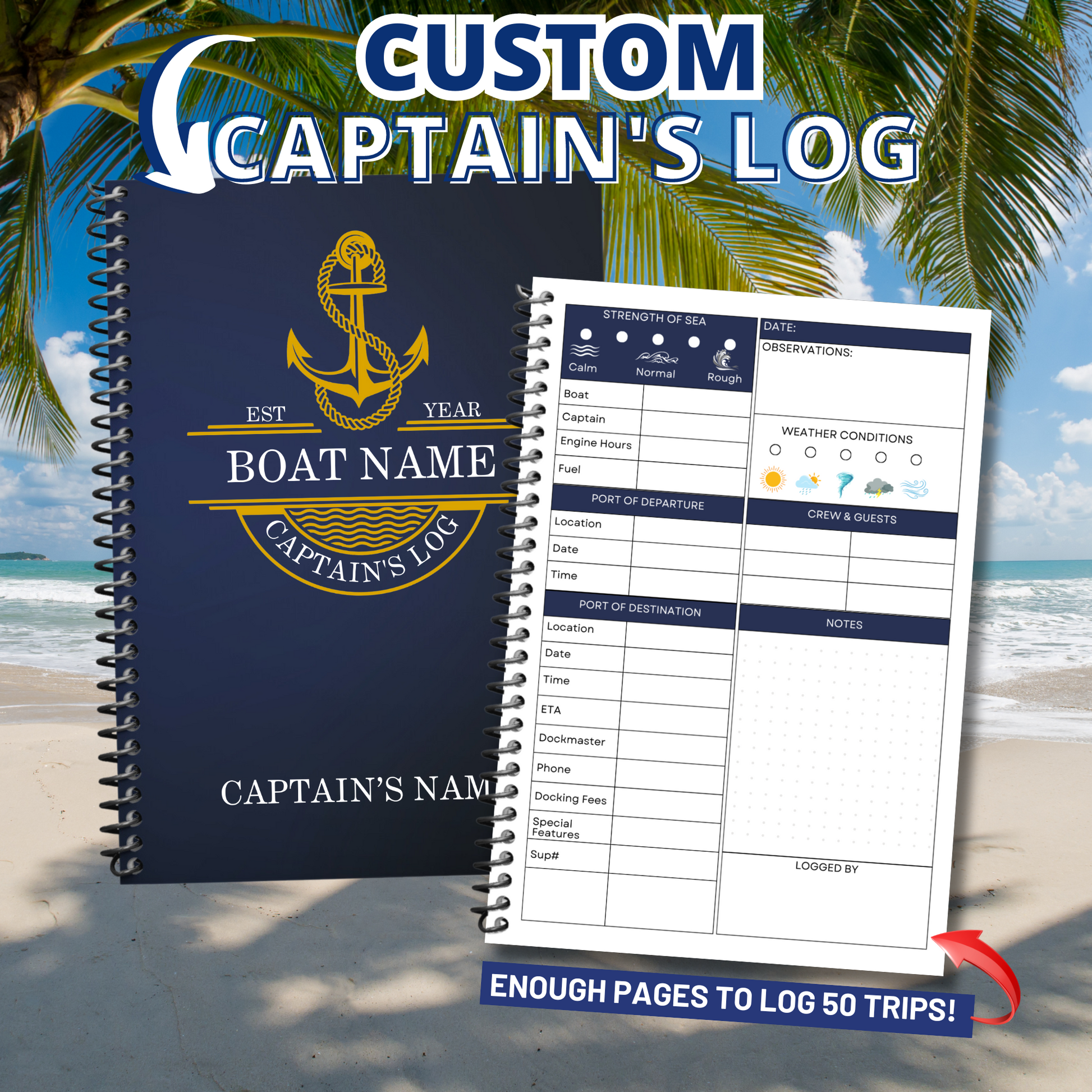 Custom captains logbook with navy blue cover and gold anchor design from Logbook Librarian. Interior page displayed with sections for strength of sea, weather conditions, port of departure and destination, crew and guests.