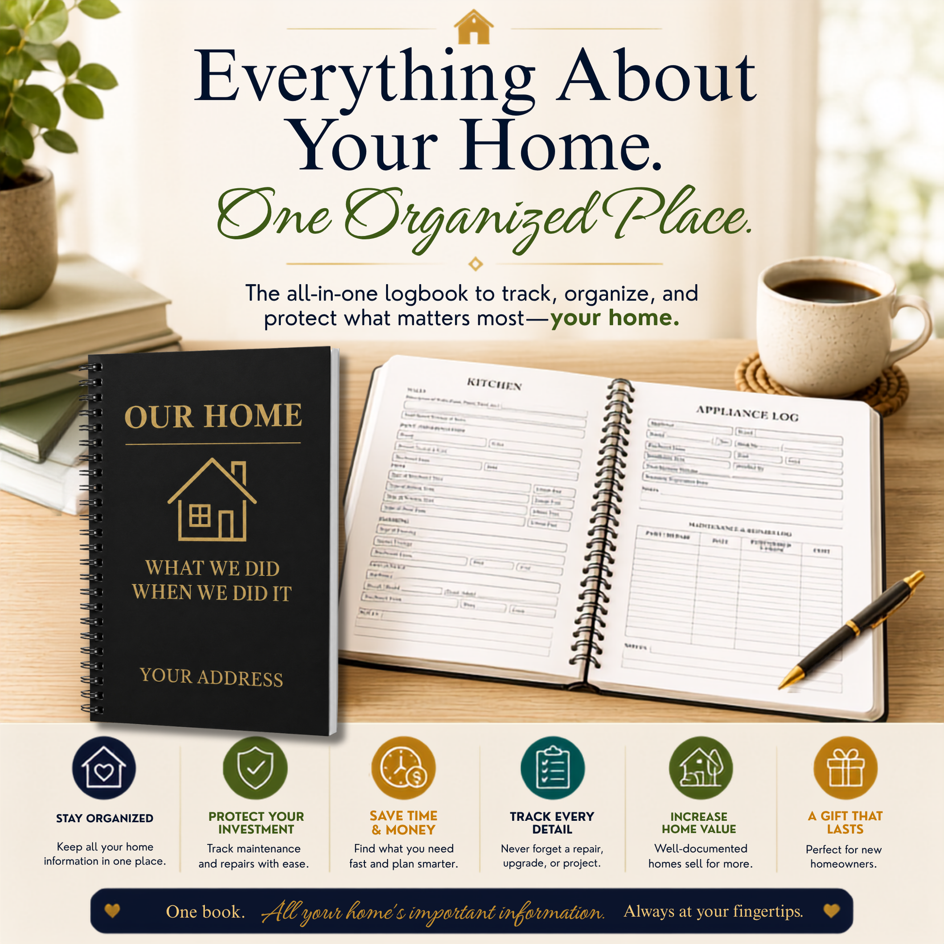 Personalized Home Maintenance Logbook for homeowners to organize home repairs, maintenance records, appliance information, paint colors, contractor contacts, utility information, insurance details, inspection notes, remodeling projects, and home improvement history. 