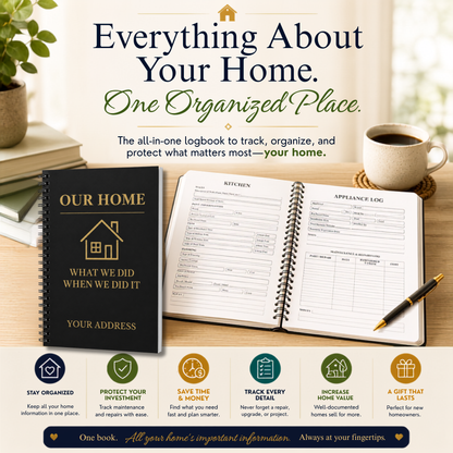 Personalized Home Maintenance Logbook for homeowners to organize home repairs, maintenance records, appliance information, paint colors, contractor contacts, utility information, insurance details, inspection notes, remodeling projects, and home improvement history. 