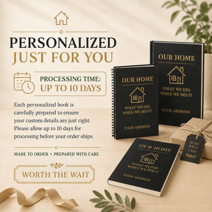 Personalized home maintenance logbooks made to order in paperback, coil-bound and hardcover, with up to 10 days processing before shipping.